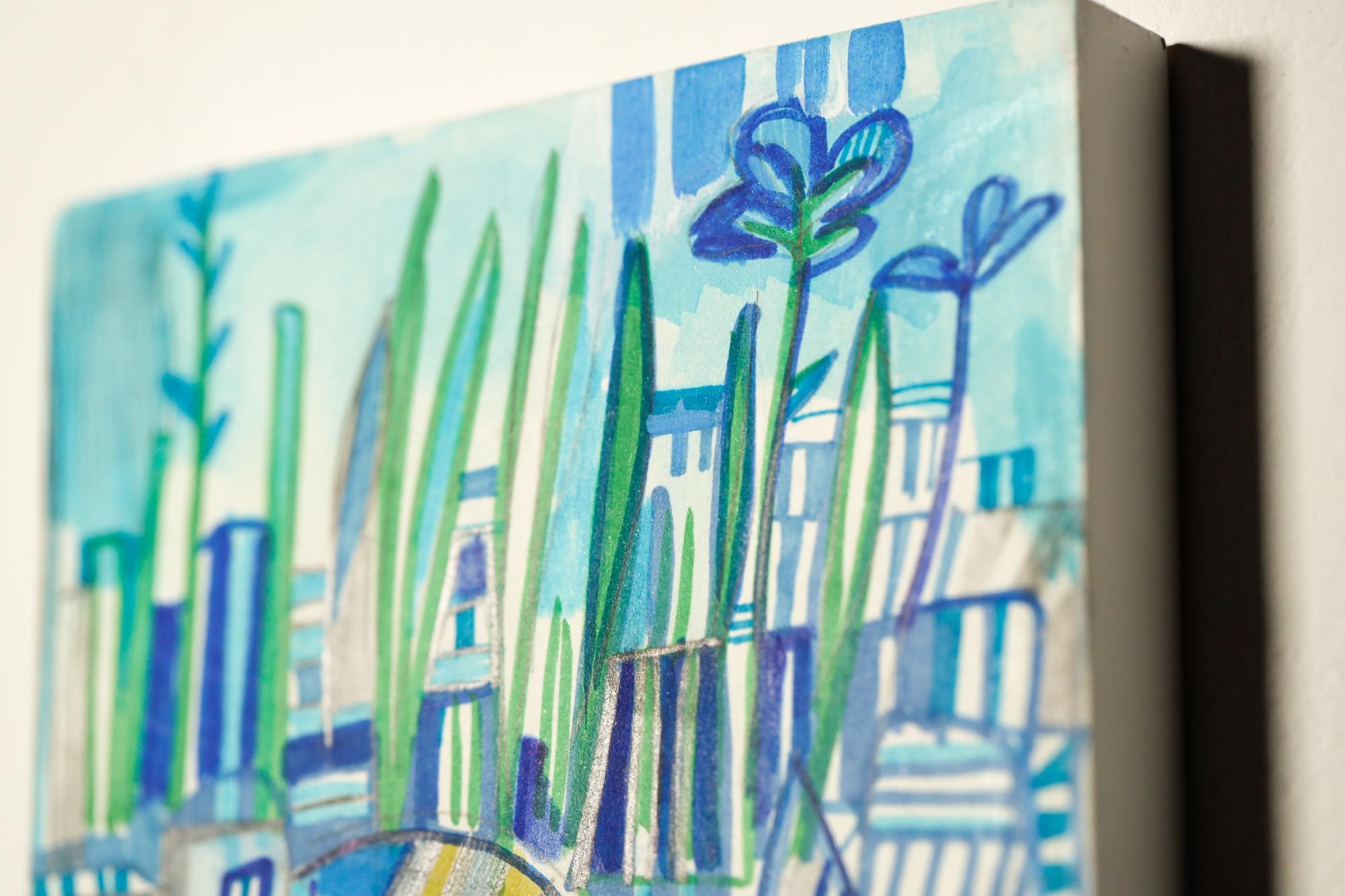 Paysage urbain abstrait, géométrique, crayon, marqueur, acrylique sur panneau - Bleu Abstract Painting par Miriam Singer
