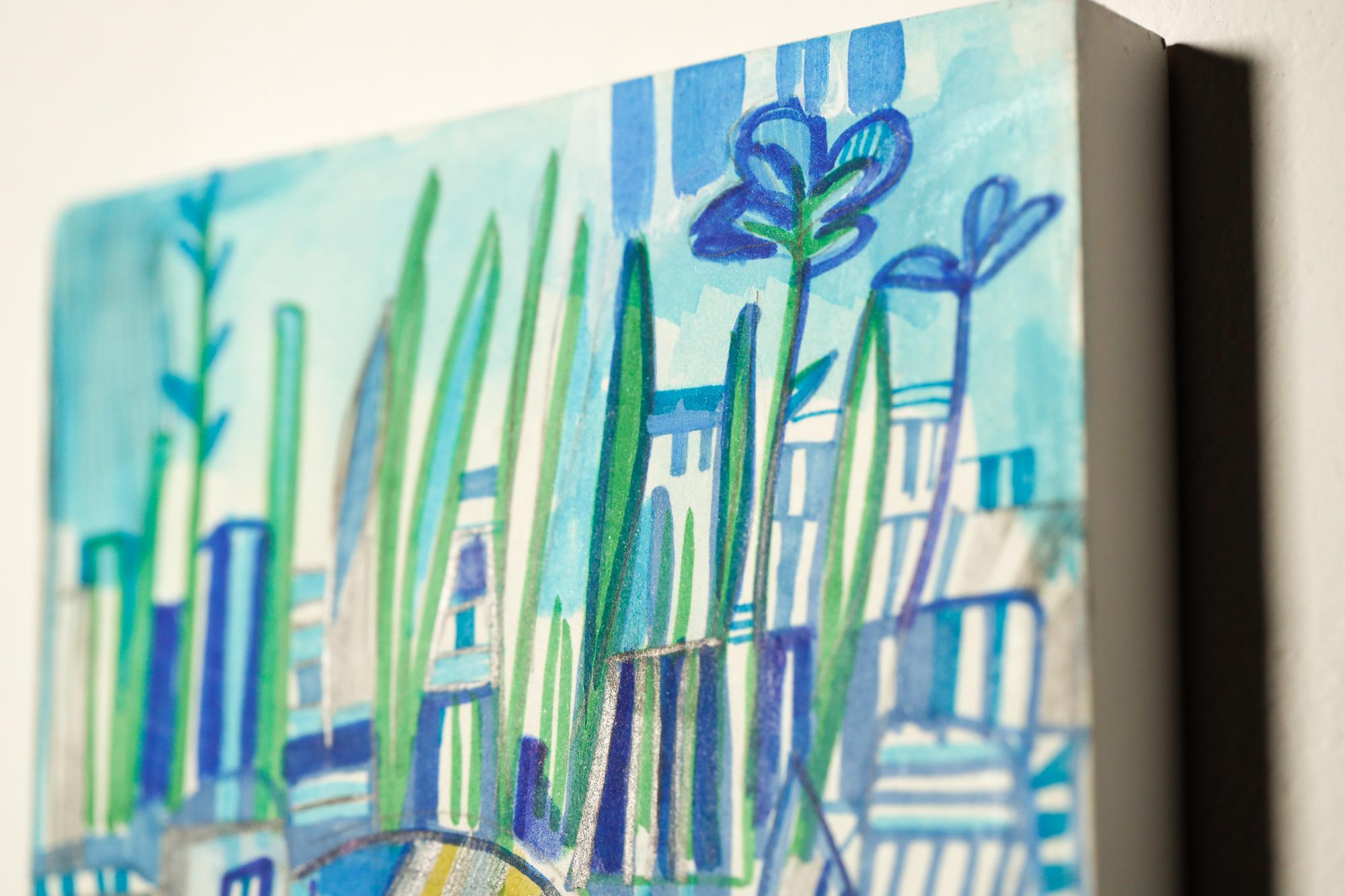 Abstrakte Stadtlandschaft „Bauern auf“, geometrisch, Bleistift, Marker, Acryl auf Tafel (Blau), Abstract Painting, von Miriam Singer