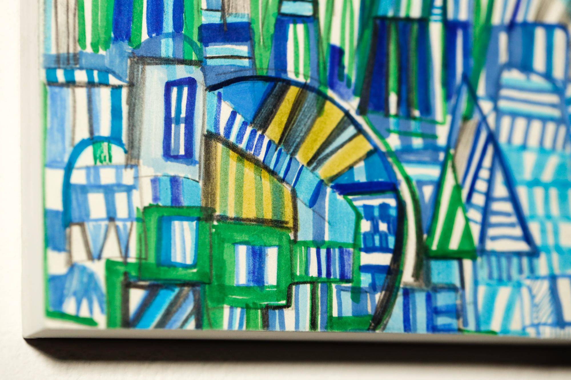 Abstrakte Stadtlandschaft „Bauern auf“, geometrisch, Bleistift, Marker, Acryl auf Tafel (Zeitgenössisch), Painting, von Miriam Singer