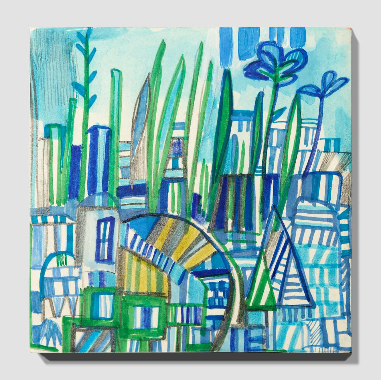Abstrakte Stadtlandschaft „Bauern auf“, geometrisch, Bleistift, Marker, Acryl auf Tafel im Angebot 3