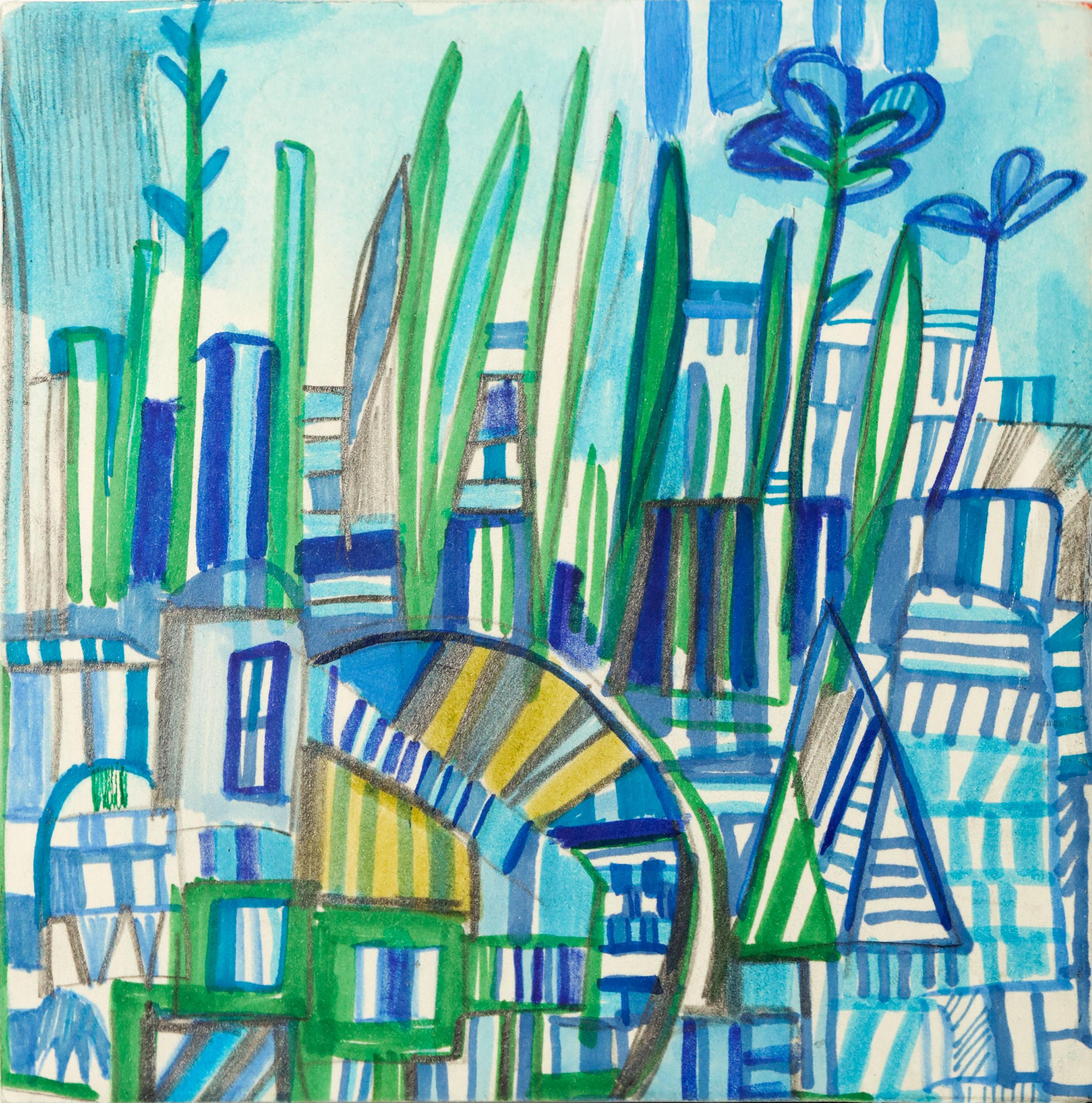 "building up" abstract cityscape, geometric, pencil, marker, acrylic on panel