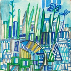 "building up" abstract cityscape, geometric, pencil, marker, acrylic on panel
