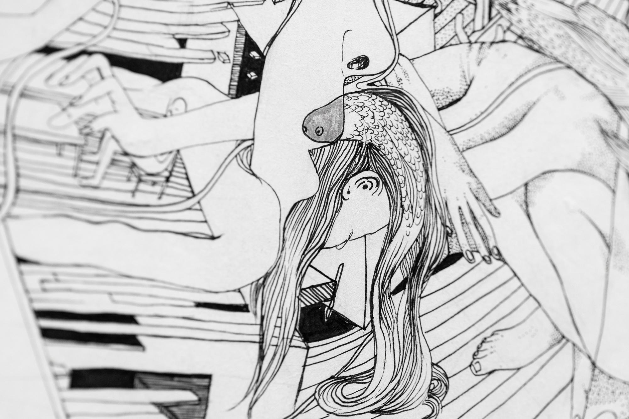 Handgezeichnete Illustration „Hollow“, weibliche Figur, Architektur, Surrealismus  im Angebot 2