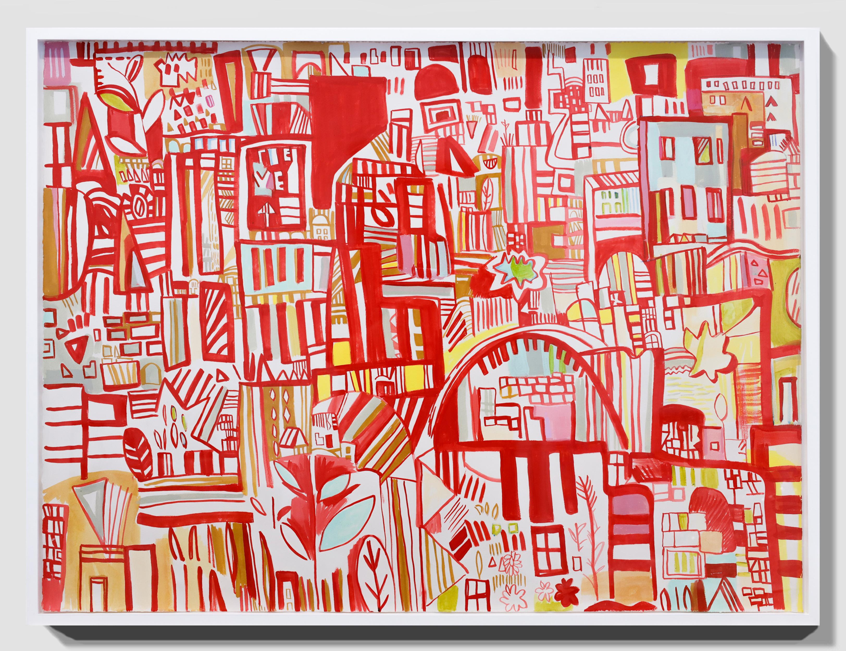 „rote Karte 6“ Abstrakte Stadtlandschaft, Acryl, Marker und Bleistift im Angebot 3
