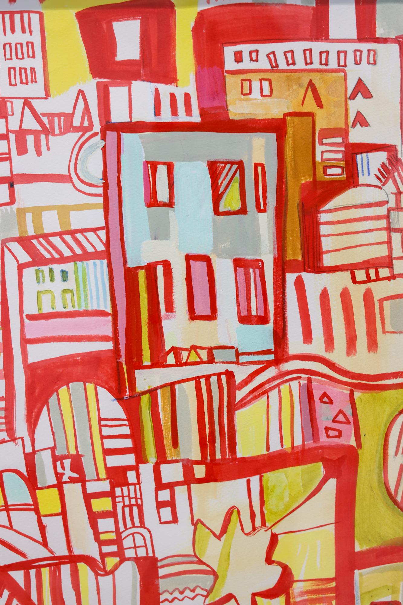 „rote Karte 6“ Abstrakte Stadtlandschaft, Acryl, Marker und Bleistift (Zeitgenössisch), Art, von Miriam Singer