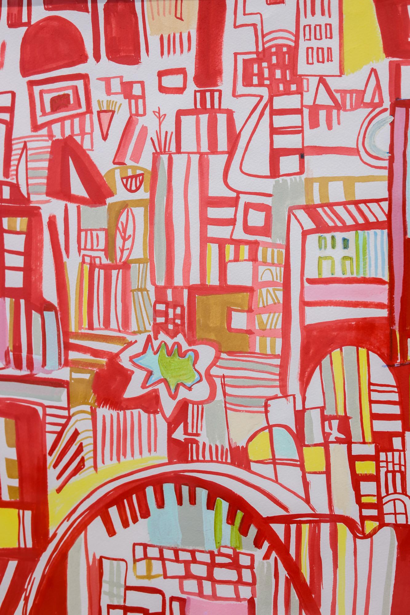 „rote Karte 6“ Abstrakte Stadtlandschaft, Acryl, Marker und Bleistift – Art von Miriam Singer