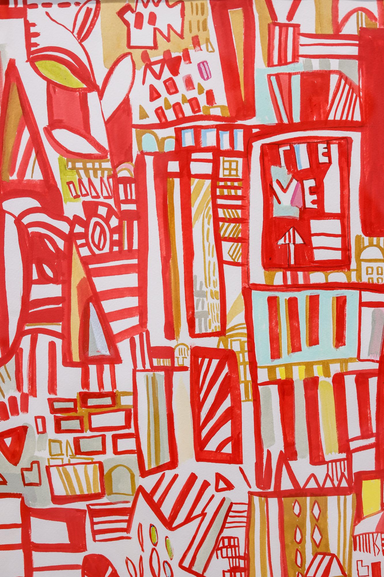 „rote Karte 6“ Abstrakte Stadtlandschaft, Acryl, Marker und Bleistift im Angebot 1
