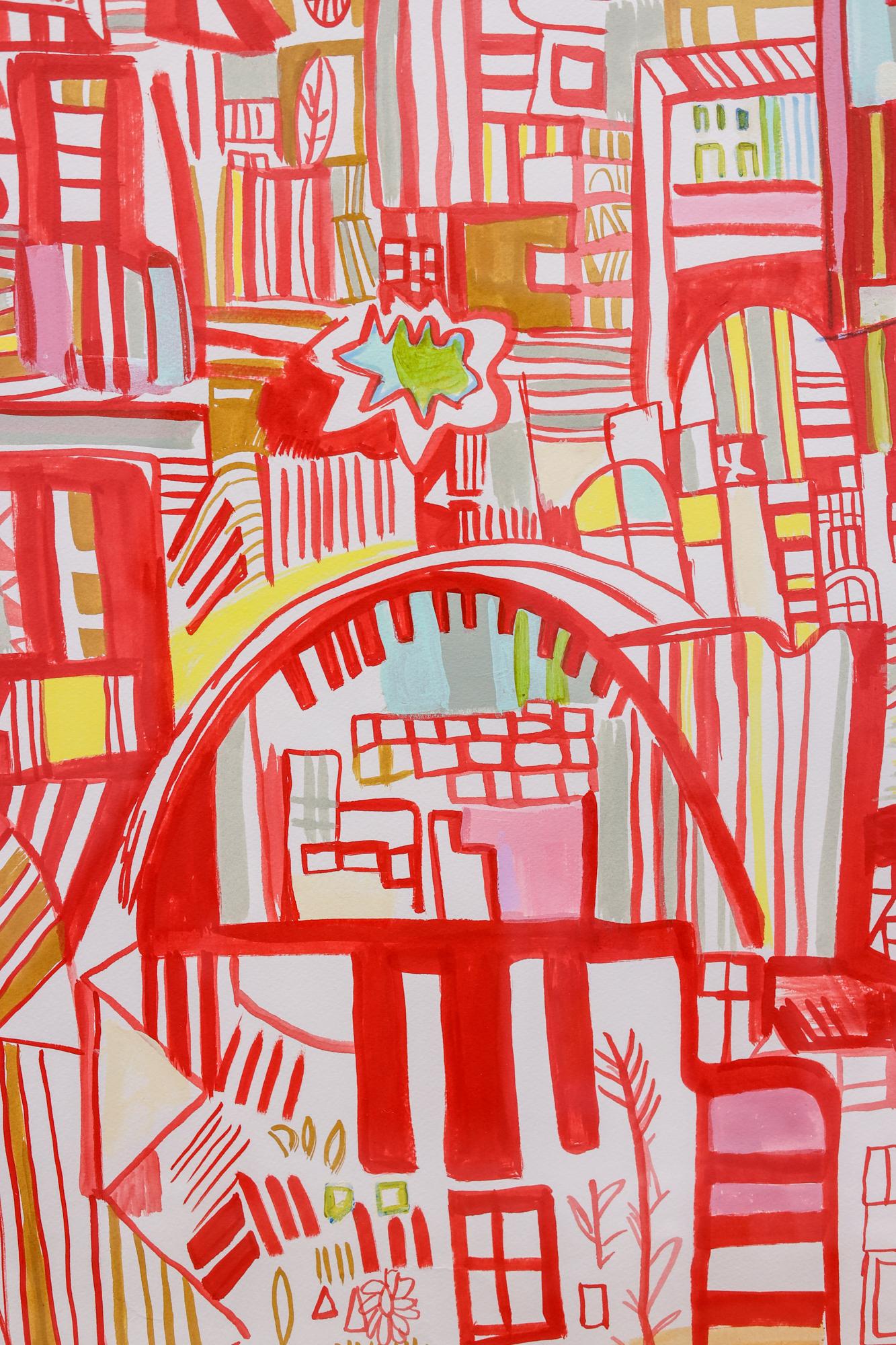 „rote Karte 6“ Abstrakte Stadtlandschaft, Acryl, Marker und Bleistift im Angebot 2