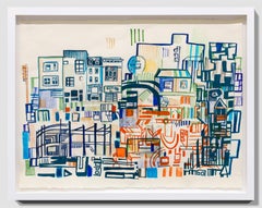 "new + old" Abstract cityscape, pencil, marker, monoprint, screenprint