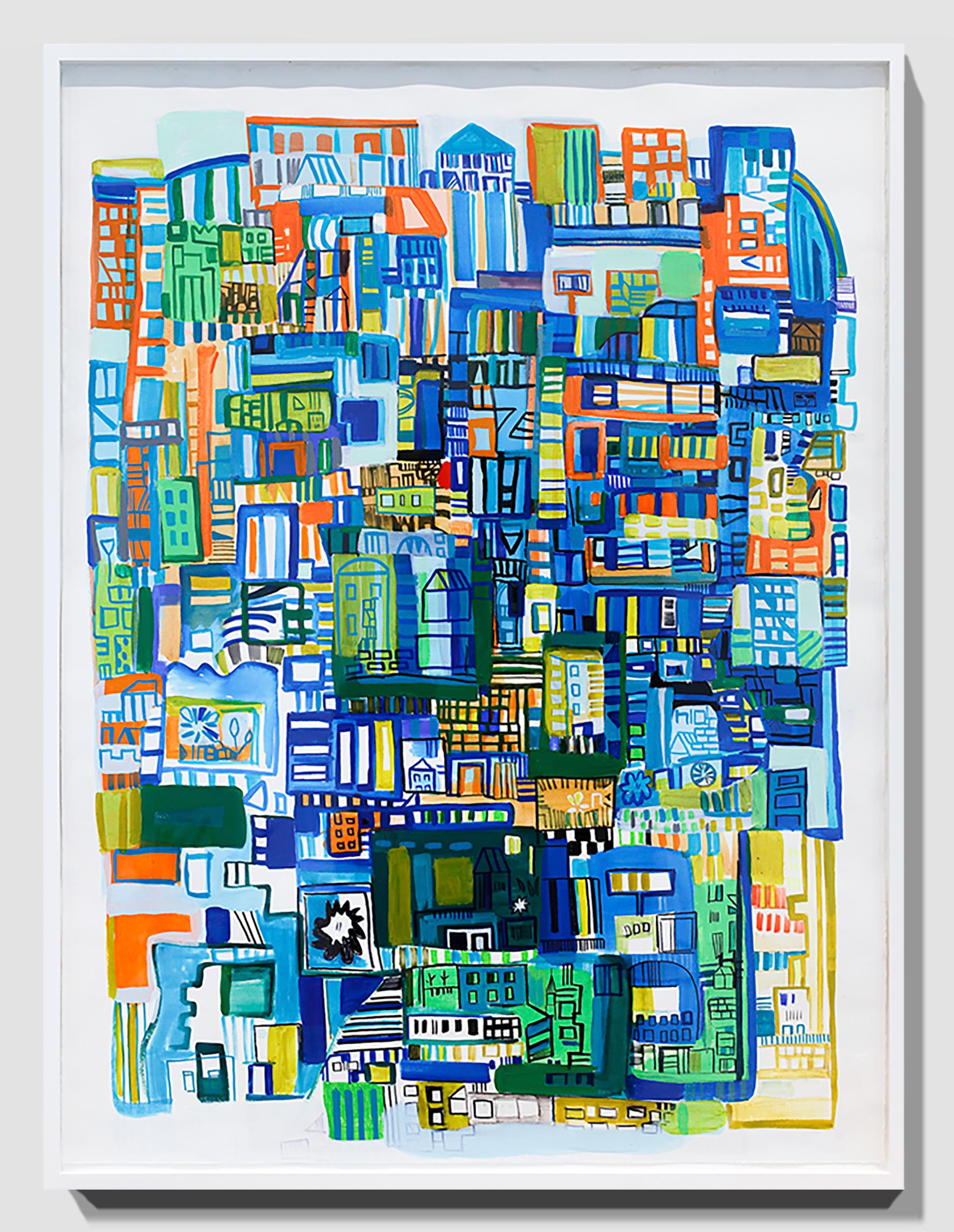 Abstrakte Stadtlandschaft „Blaue Tagträume“ aus Acryl, Bleistift und Marker auf Papier im Angebot 8