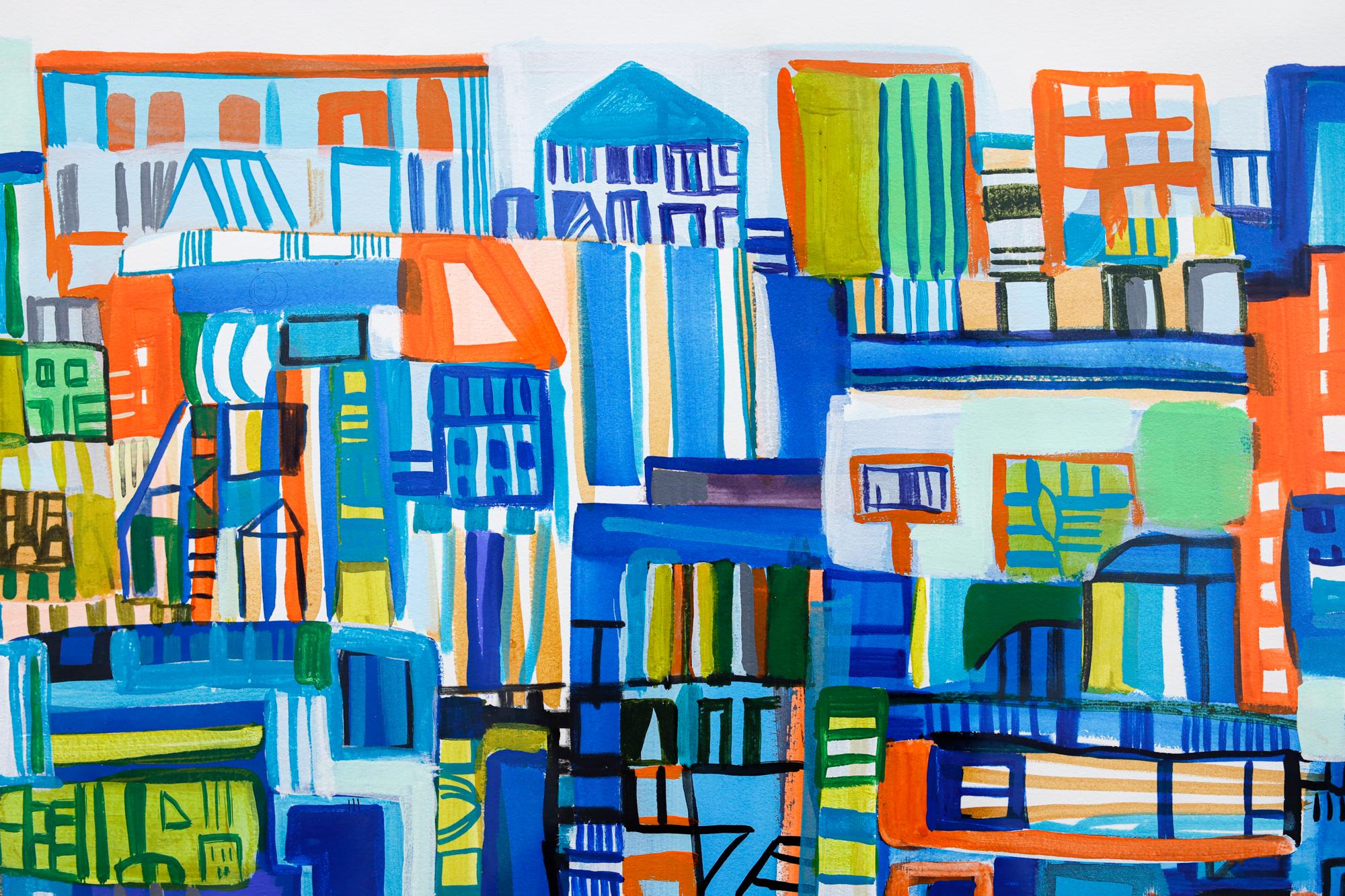 Abstrakte Stadtlandschaft „Blaue Tagträume“ aus Acryl, Bleistift und Marker auf Papier im Angebot 1