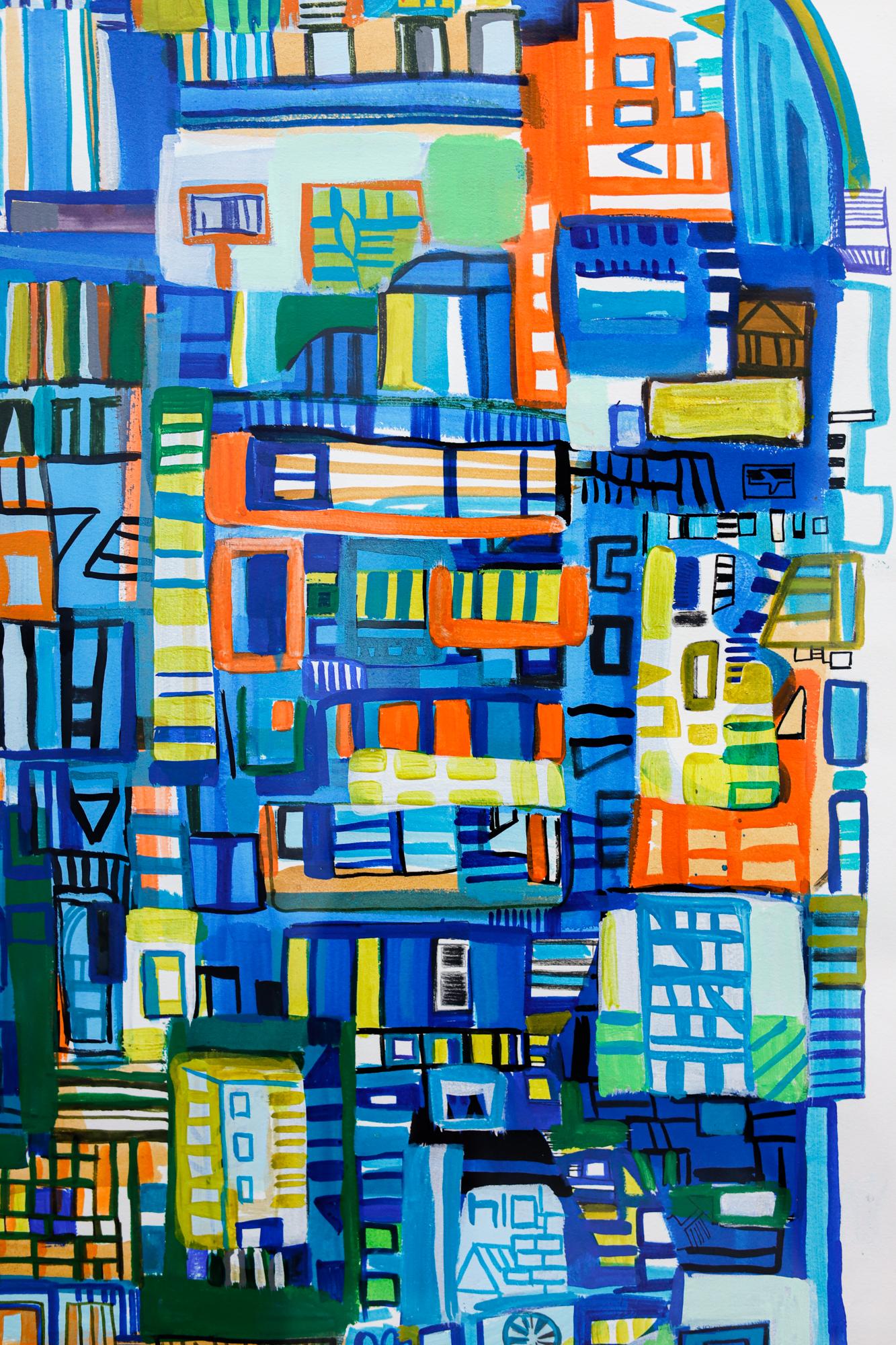 Abstrakte Stadtlandschaft „Blaue Tagträume“ aus Acryl, Bleistift und Marker auf Papier (Zeitgenössisch), Art, von Miriam Singer