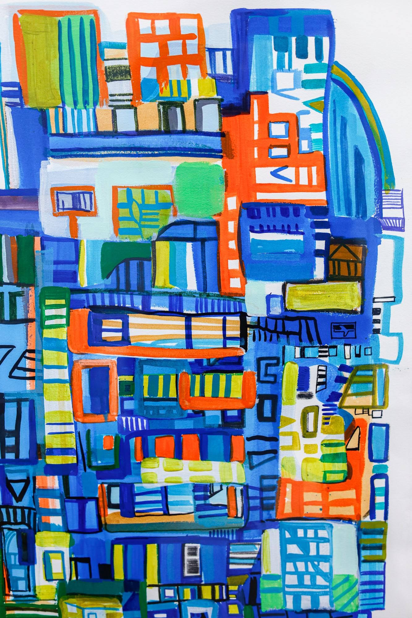 Abstrakte Stadtlandschaft „Blaue Tagträume“ aus Acryl, Bleistift und Marker auf Papier im Angebot 6