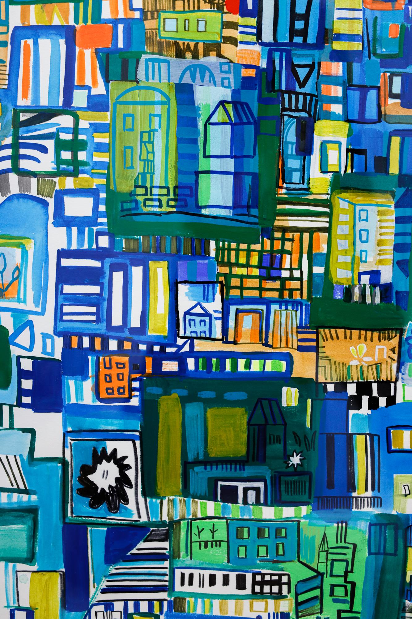 Abstrakte Stadtlandschaft „Blaue Tagträume“ aus Acryl, Bleistift und Marker auf Papier im Angebot 7