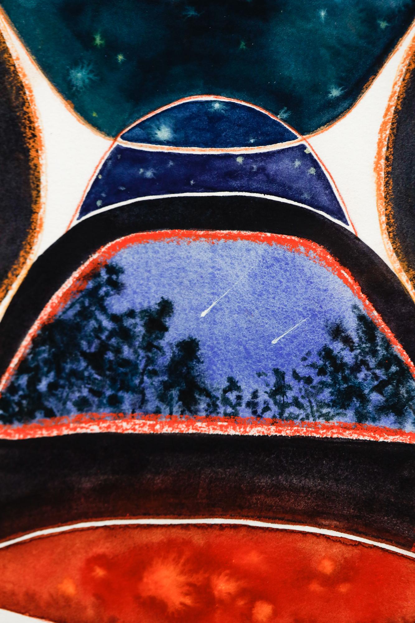 „Outside, In“ Camping-Motiv, Aquarell und Gouache, Nachtszene, Sterne  (Zeitgenössisch), Art, von Ash Limés Castellana