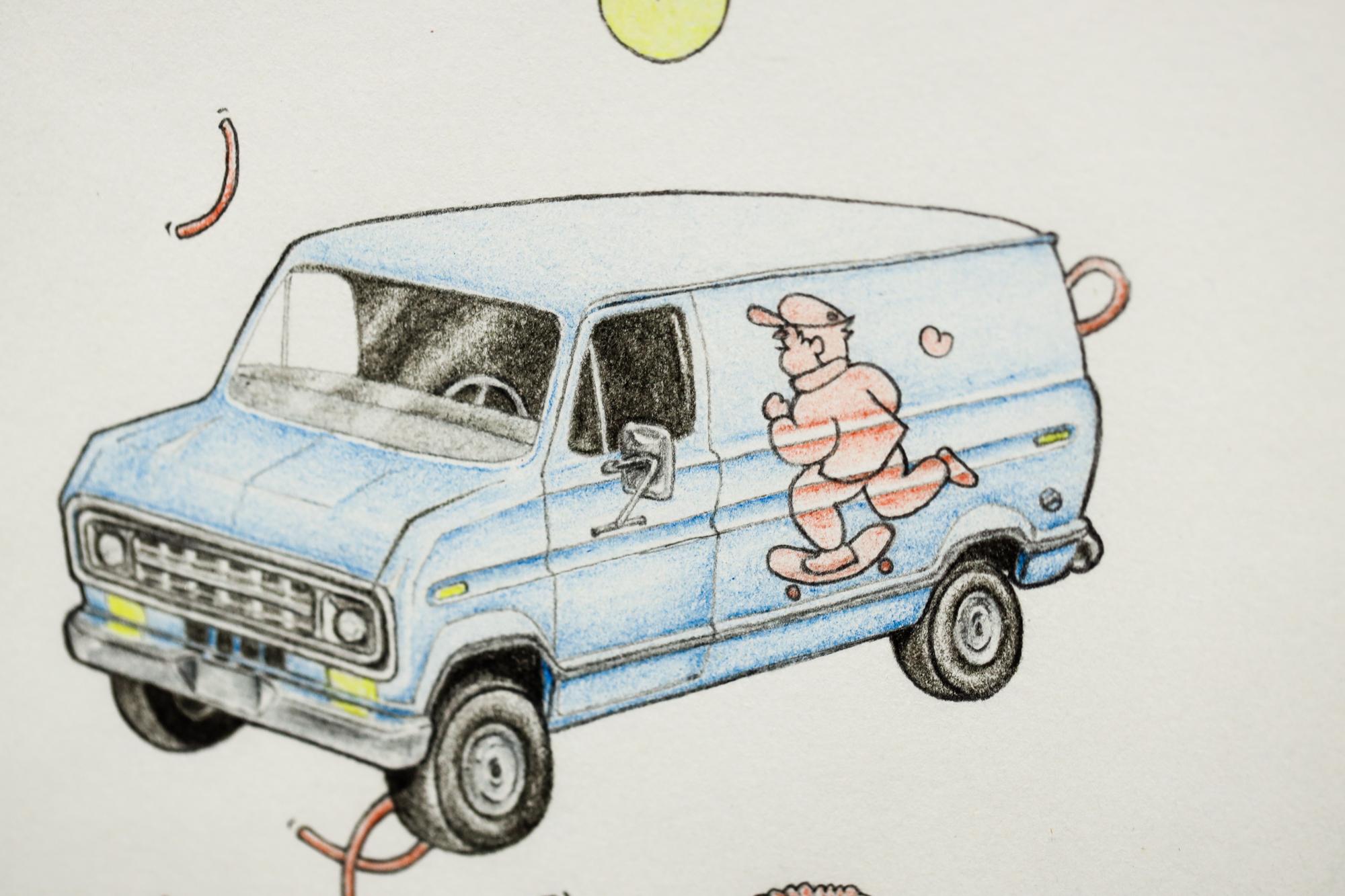 dessin au crayon coloré « Econolines » encadré en vente 1