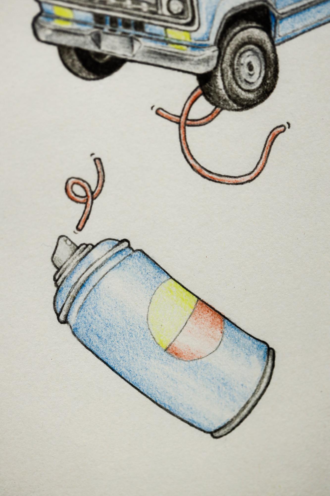 dessin au crayon coloré « Econolines » encadré en vente 2