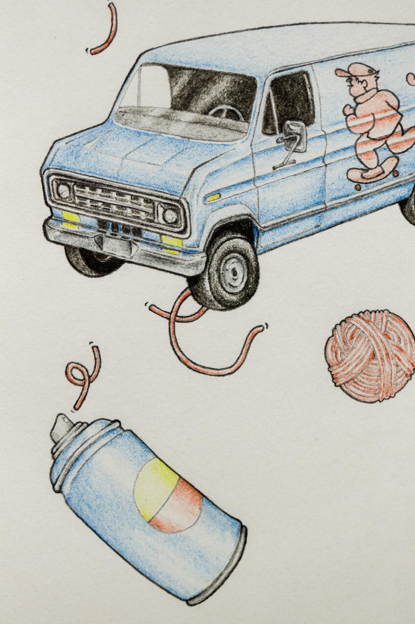 dessin au crayon coloré « Econolines » encadré en vente 5