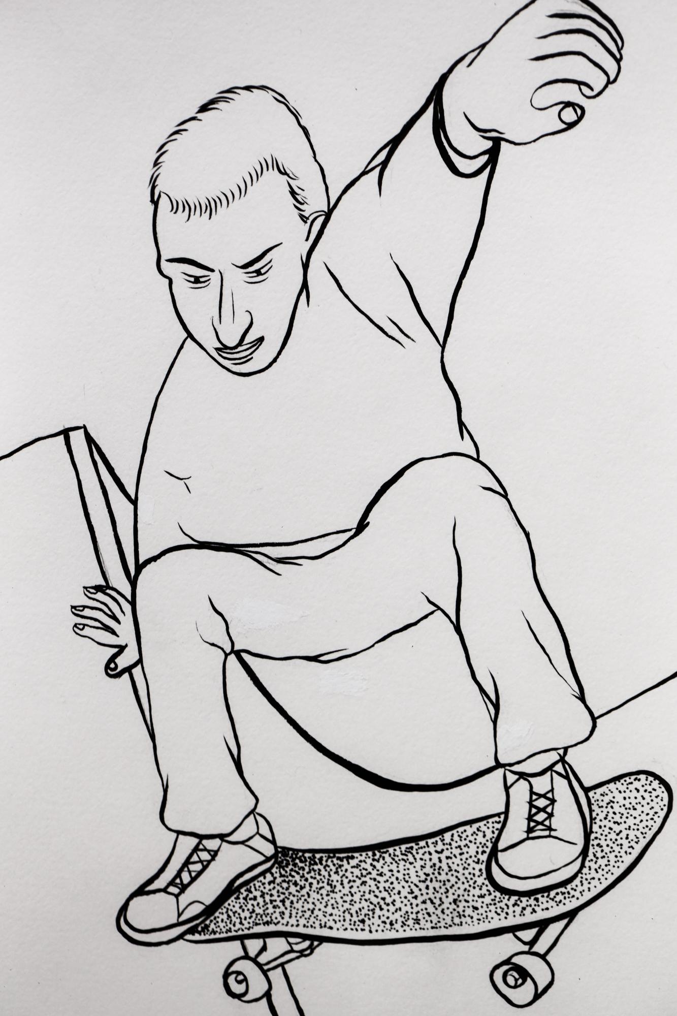 Illustration „2 Skaters (diptychon)“, Tinte auf Papier im Angebot 1
