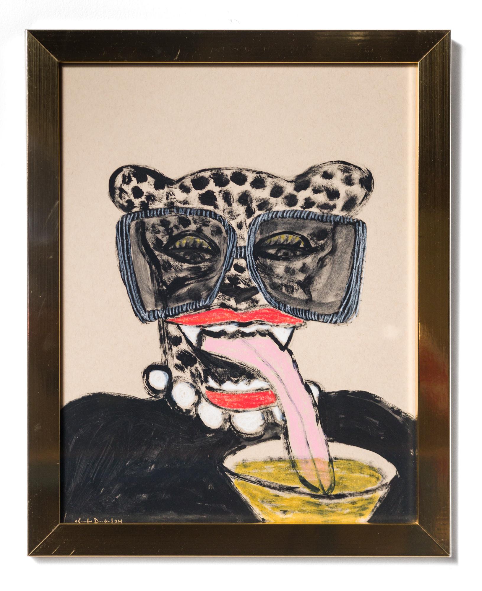 Kendra Dandy Figurative Art - "Happy Hour Enthusiast #1", Cheetah Illustration, Animal, Martini, Sunglasses