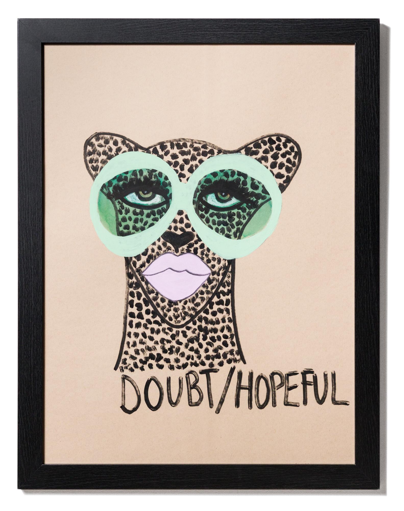 "Doute/espoir", illustration figurative, motif guépard, texte, lunettes de soleil