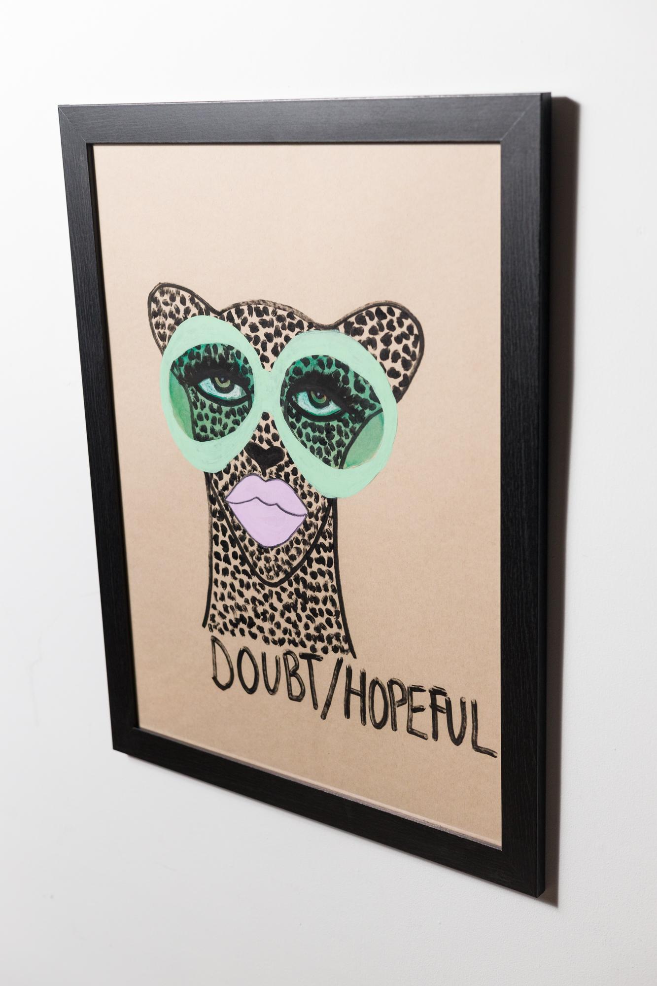 „Doubt/Hopeful“, figurative Illustration, Cheetah-Motiv, Text, Sonnenbrille im Angebot 1