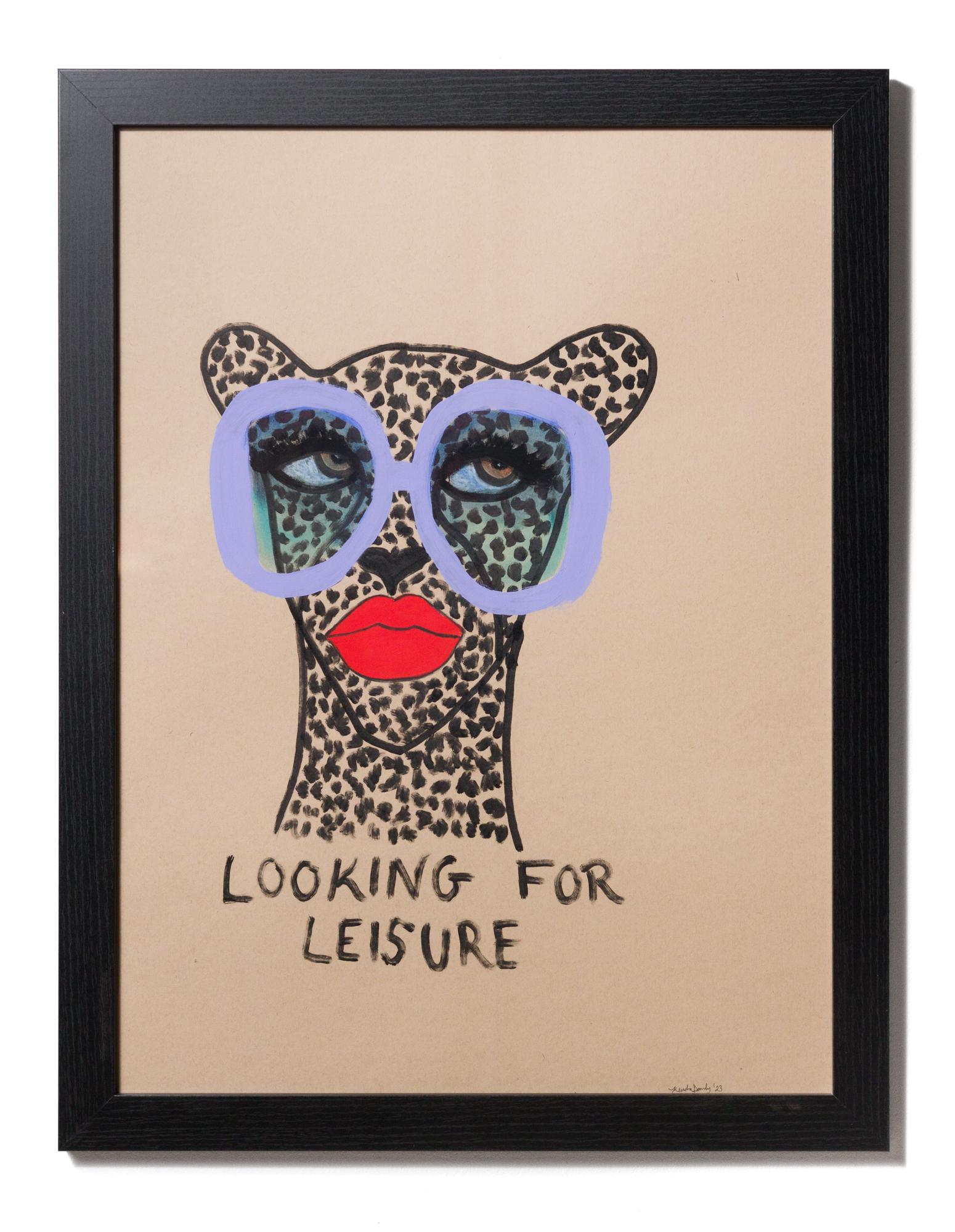 Kendra Dandy Figurative Art – „Looking for Leisure“, Figurative Illustration, Cheetah-Motiv, Papier, Text