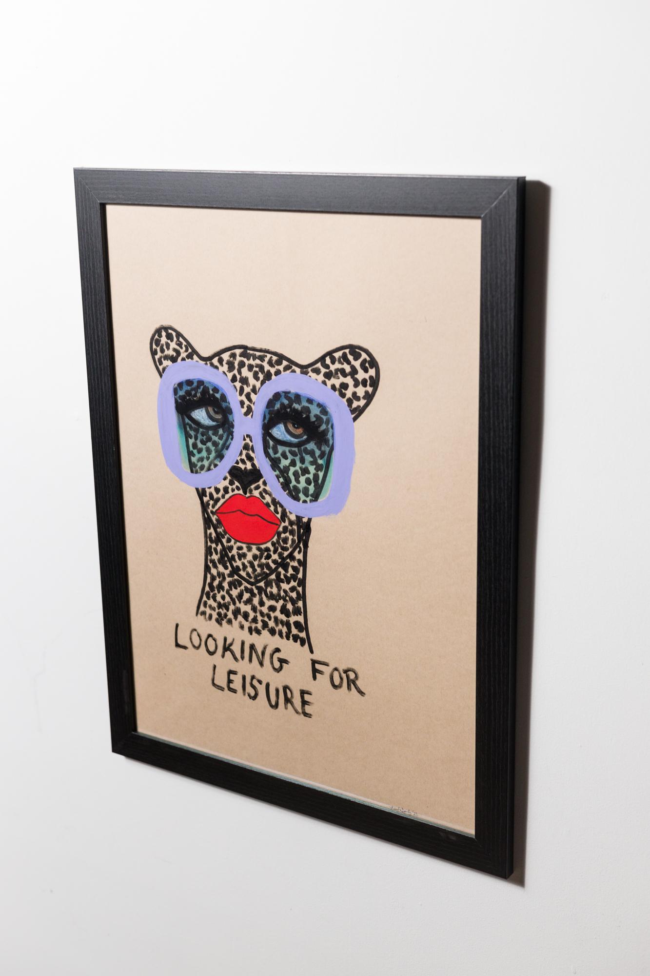 „Looking for Leisure“, Figurative Illustration, Cheetah-Motiv, Papier, Text im Angebot 3