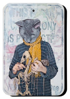 "Cat Colony", Hand drawn/painted cat figure on wheatpaste & collage street sign