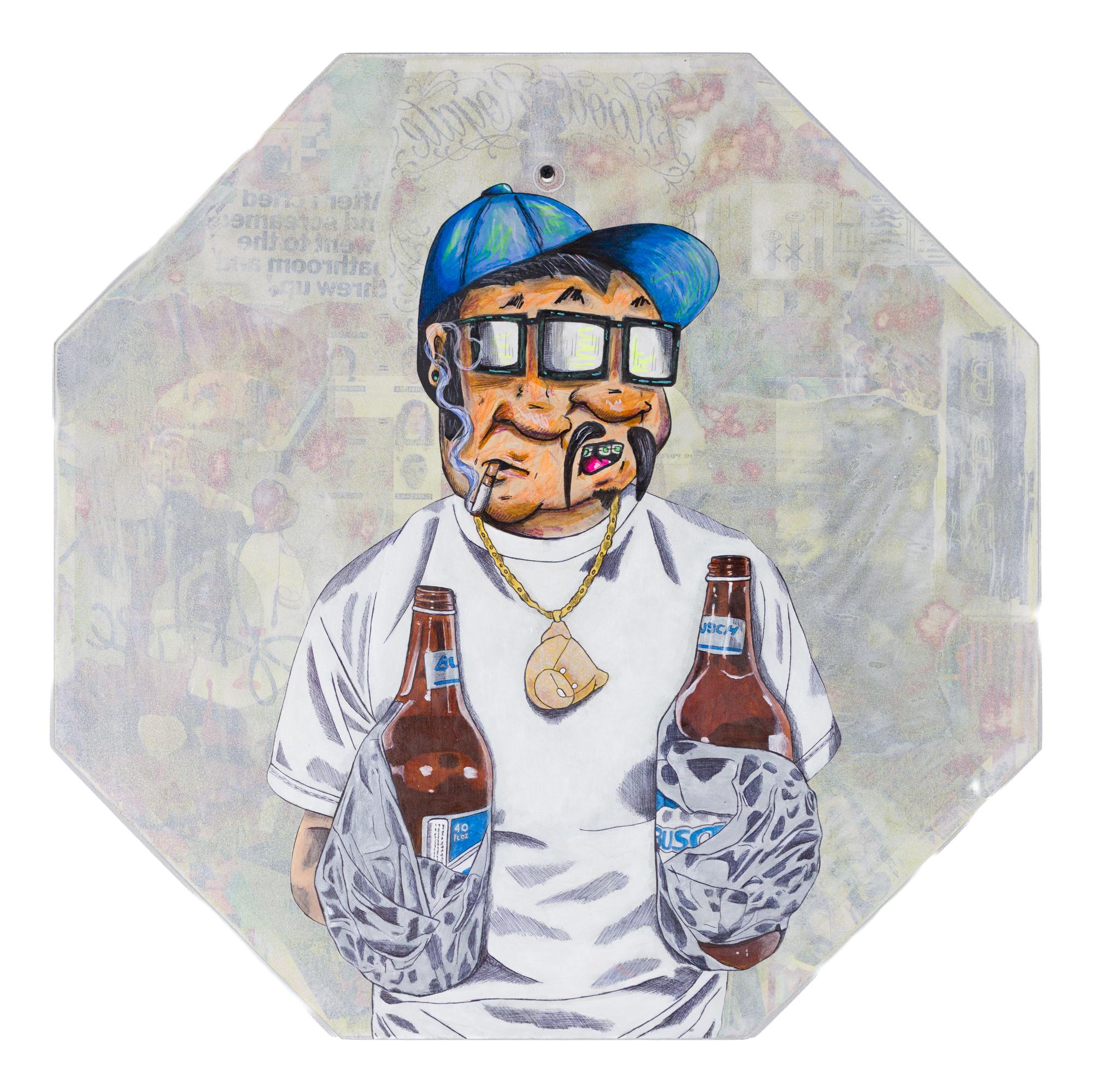 "Edward 40 Hands", Handgezeichnete/gemalte Figur auf Weizenkleister & Collage Straßenschild