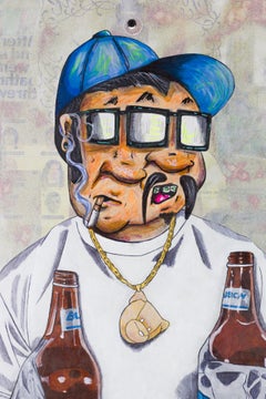 "Edward 40 Hands", figura disegnata/pitturata a mano su pasta di grano e cartello stradale a collage