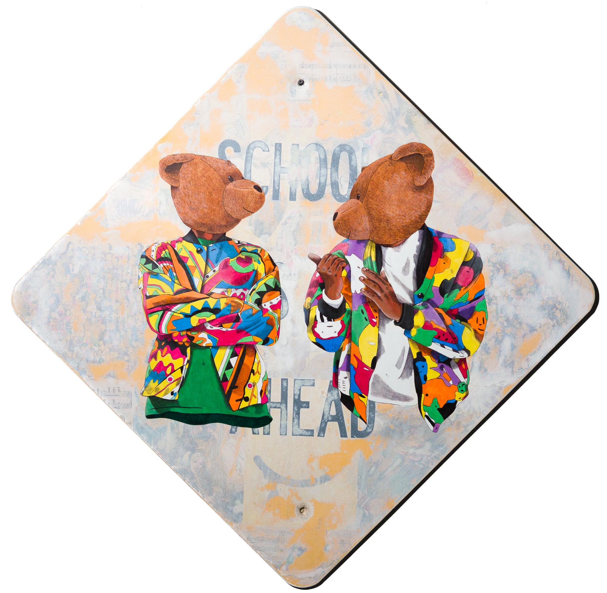 "Summer Time", Hand drawn/painted bear figure on mixed media street sign