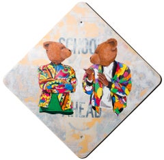 "Summer Time", Hand drawn/painted bear figure on mixed media street sign