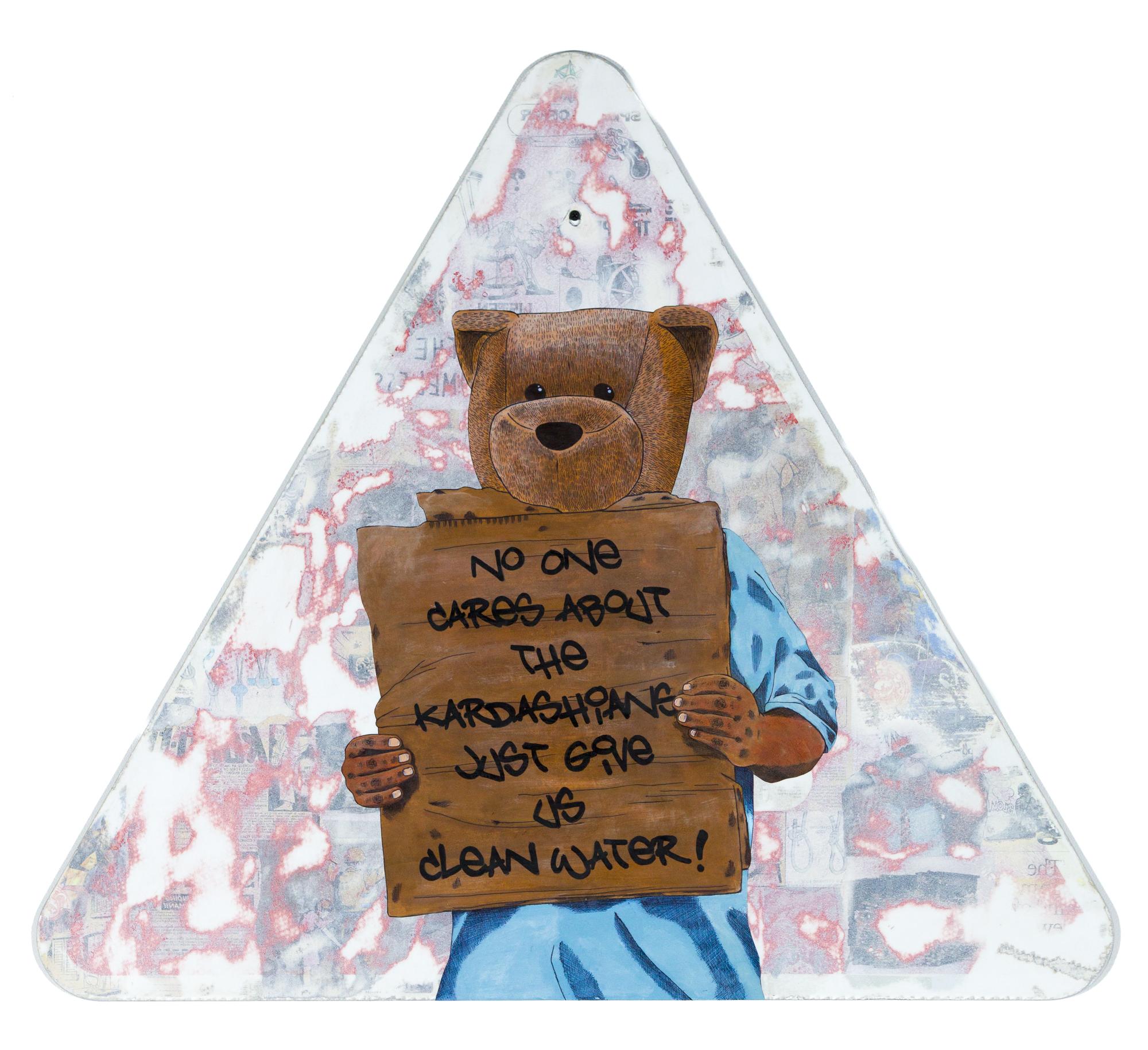 "No One Cares", Hand drawn/painted bear figure on mixed media street sign