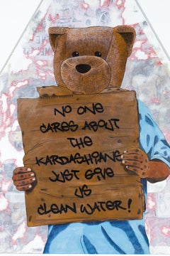 "No One Cares", figura di orso disegnata/dipinta a mano su cartello stradale a tecnica mista