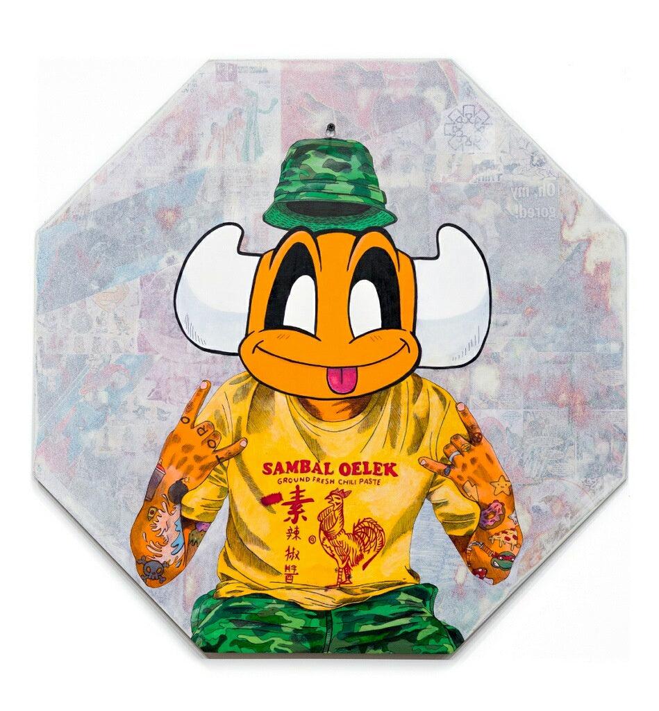 "El Toro Loco", Hand drawn/painted cartoon bull figure on collaged street sign