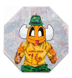 "El Toro Loco", Hand drawn/painted cartoon bull figure on collaged street sign