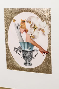 "snow right" framed collage with vintage imagery, crystals, and gold accents