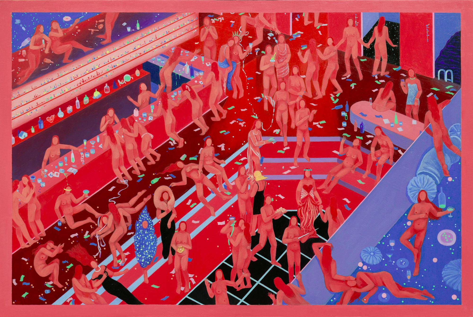 "Club" Caótica escena de fiesta con figuras femeninas por Kay Seohyung Lee