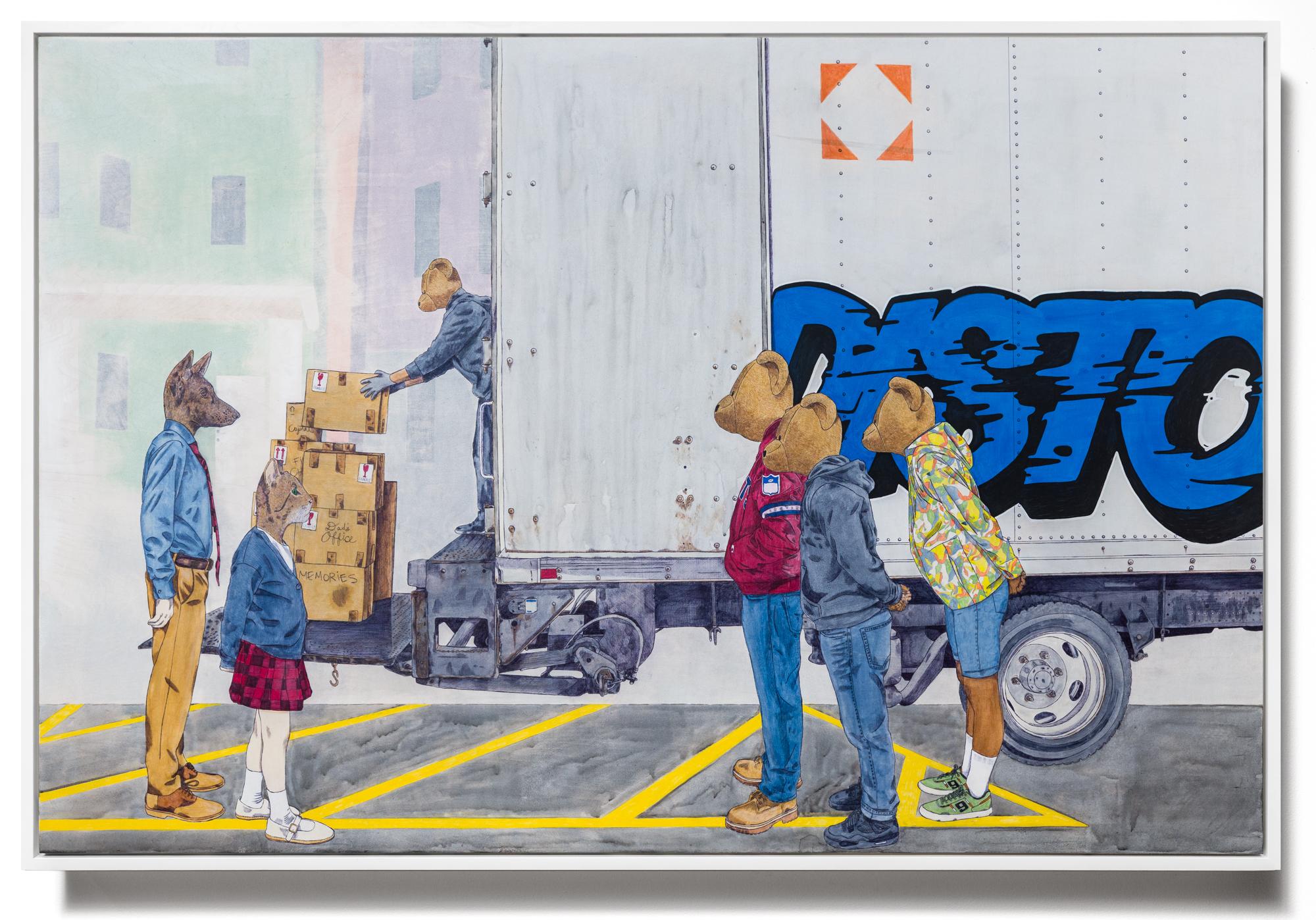 "Gentrification" Rockwell-Inspired Acrylic Street Scene with Animal Features