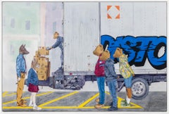 Scena di strada in acrilico ispirata a Rockwell "Gentrification" con caratteristiche di animali
