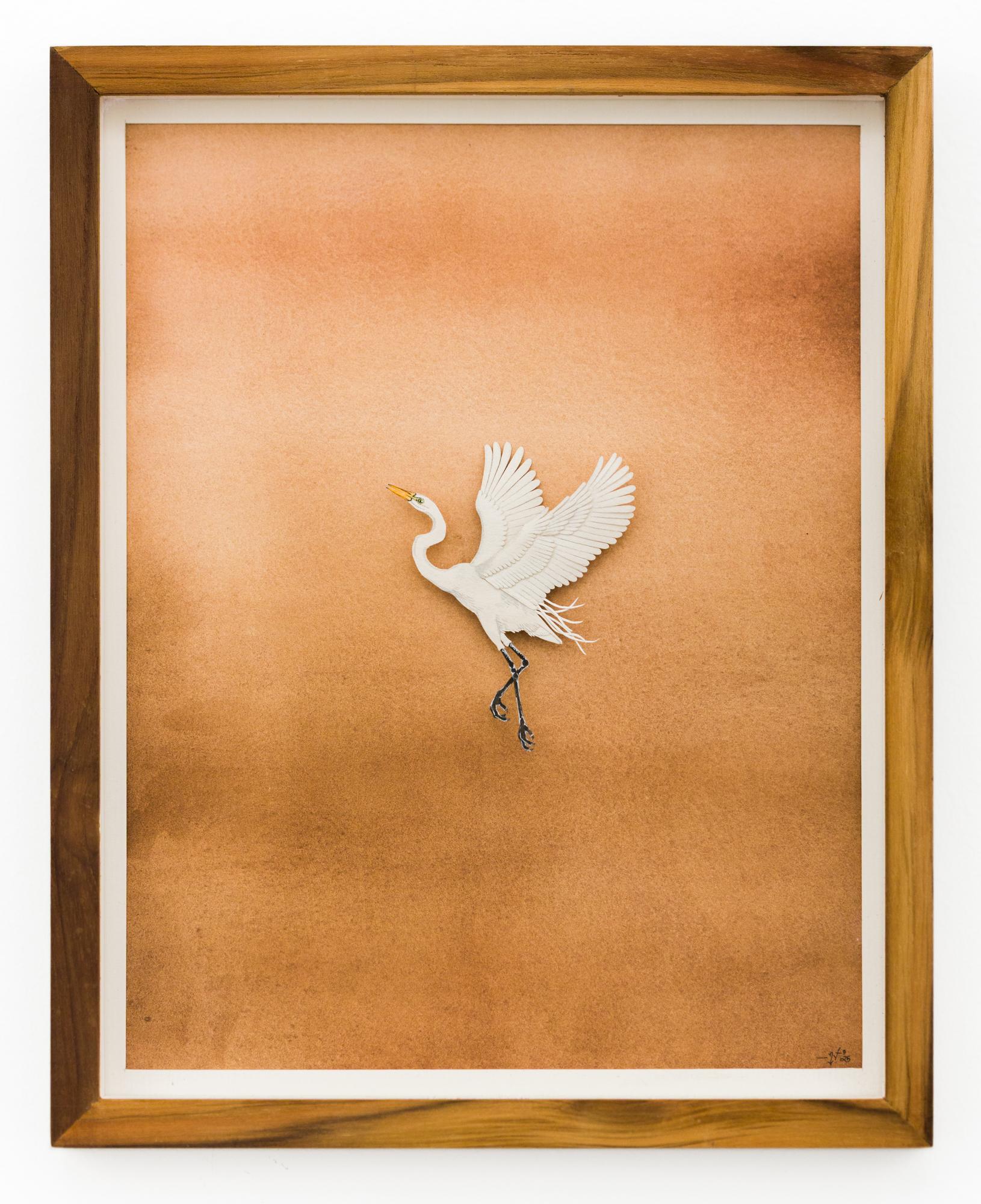 Animal Art di Nayan and Venus - "Egret" in scala ridottaAcquerello tagliato a mano e stratificato di un uccello