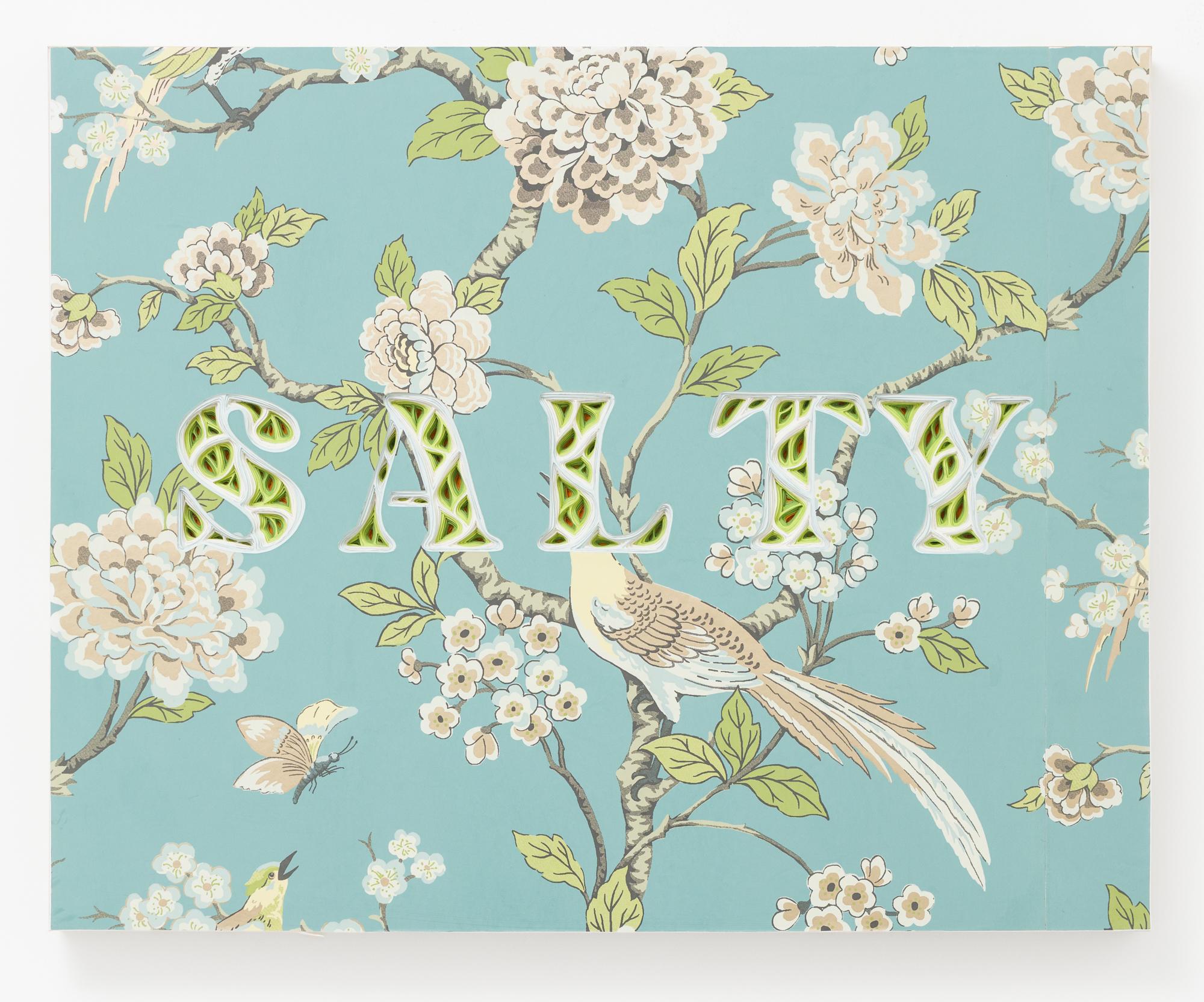 "SALTY" is an original wall-hanging sculpture by Charles Clary as part of the artist's popular "Text-i-monial" series. To create the artwork, Clary hand cuts a series of individual sheets of paper that he then layers and spaces to create the