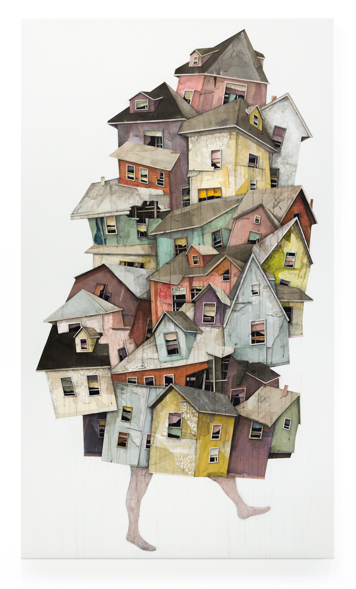 Figurative Art di Seth Clark - "Wanderer 17" Carte a collage con pastello, acrilico e grafite su Wood