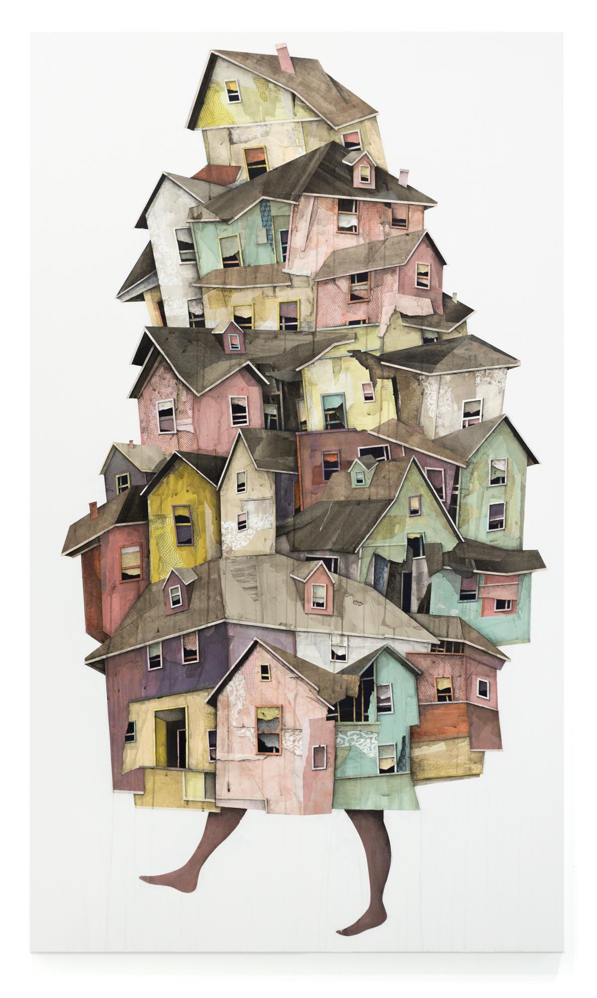 Figurative Art di Seth Clark - "Wanderer 16" Composizione architettonica in collage, acrilico e grafite