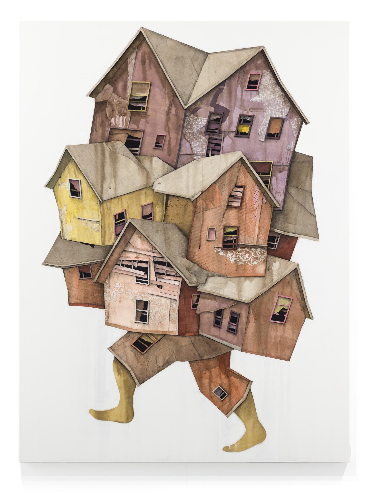 "Wanderer 12" Maisons en décrépitude collées à l'acrylique et au graphite sur Wood.