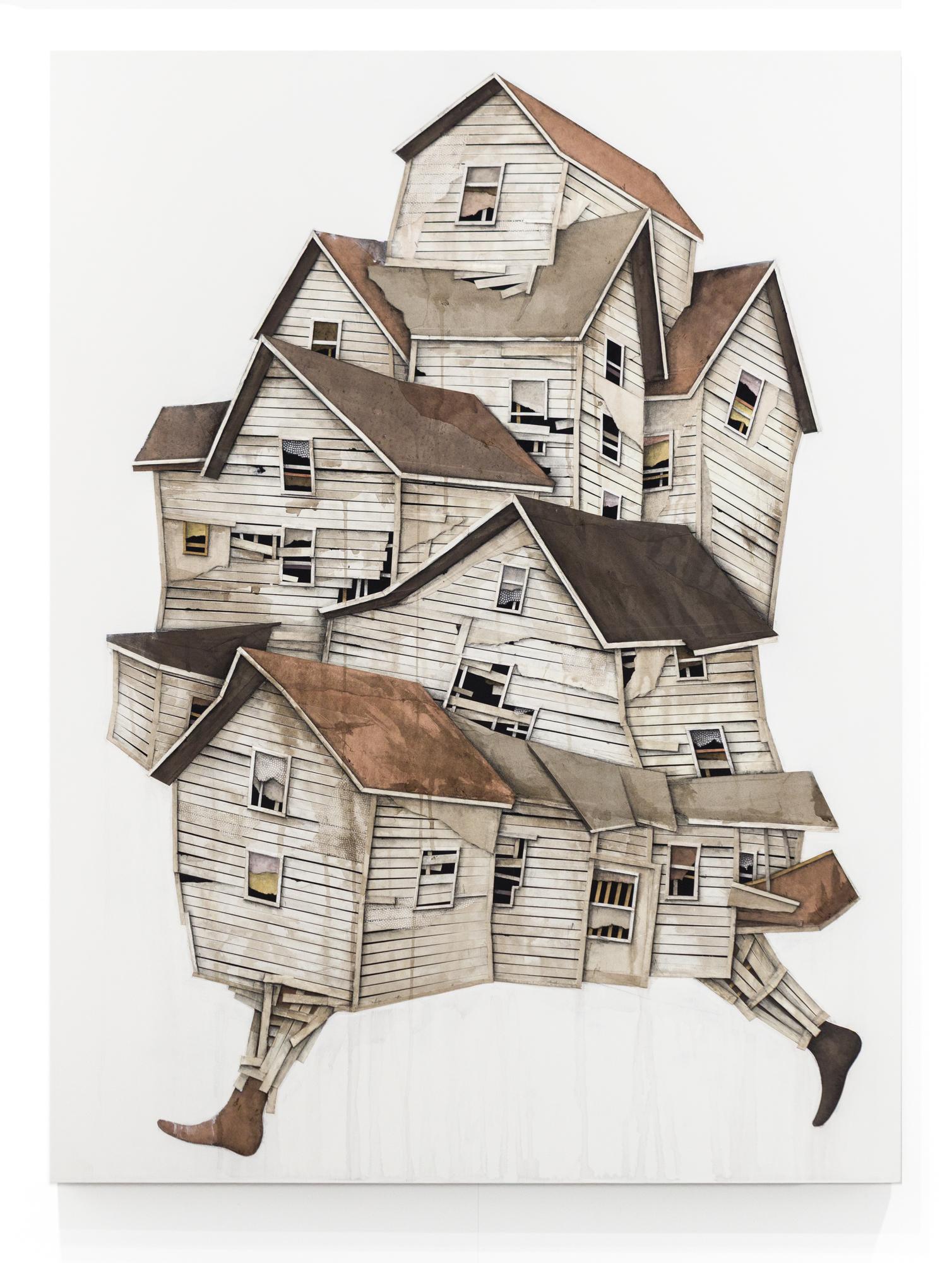 Dieses Stück mit dem Titel "Wanderer 11"  ist ein Originalkunstwerk von Seth Clark als Teil seiner neuesten Einzelausstellung "Passing Through" und besteht aus Collage, Kohle, Pastell, Acryl und Graphit auf Holz. In "Passing Through" haben sich