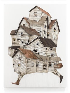 "Wanderer 11" Einstürzende Häuser in Tusche, Acryl und Collage von Seth Clark