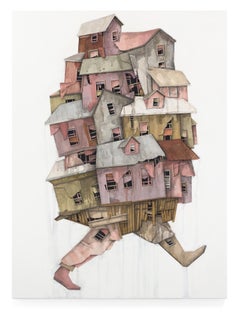 "Wanderer 10" Architektonische Assemblage aus Collagepapierstrukturen und Farbtropfen