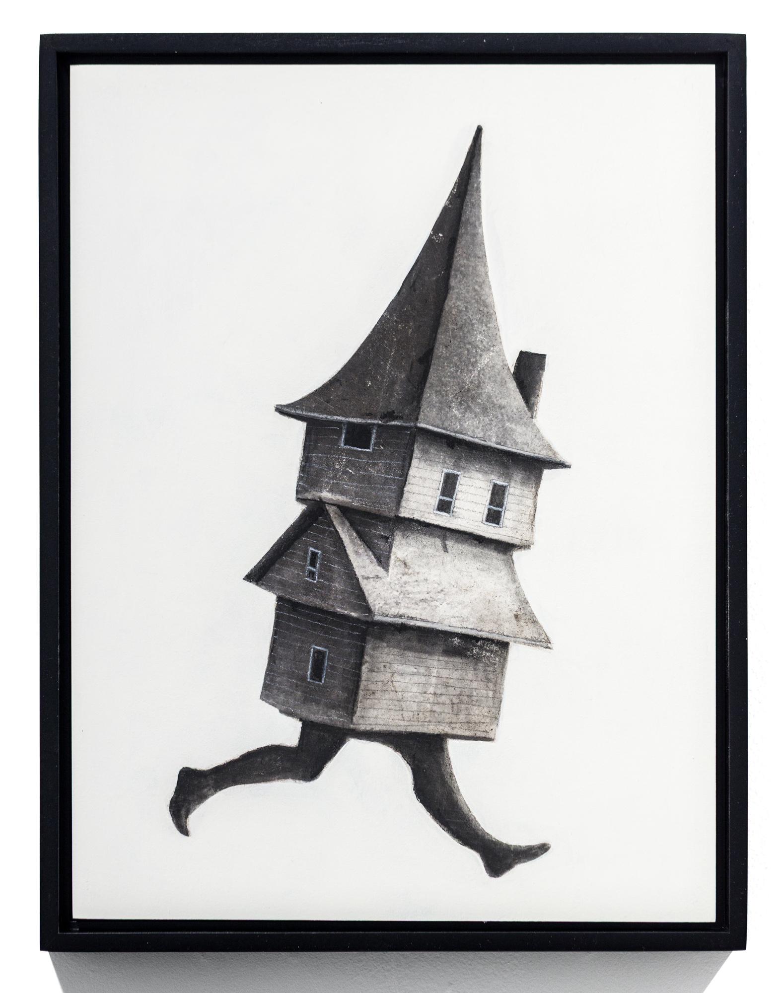 Seth Clark Figurative Art – "The Meeting 21" Haus und Kirchturm in Bewegung; Tusche, Kohle, Pastell auf Wood